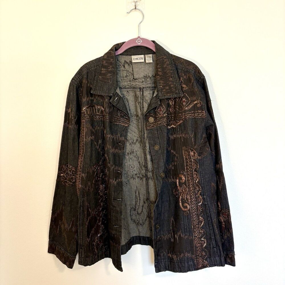 Vintage Chico's Embroidered Denim Jacket XL Copper Beaded Y2K Boho Western
